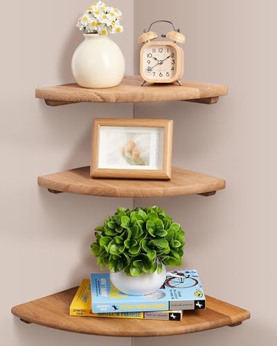 Floating Corner Shelves, Set of 3 Corner Wall Shelves with Cable Hole Soild Wood Wall Storage Display Wall Mounted Shelves for Plants, Photos, Speakers, Living Room, Bedroom, Bathroom, Kitchen by GIEANOO