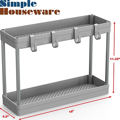 Simple Houseware 2-Tier Under Sink Organizer Storage Tray with Hooks, Grey - Image 5