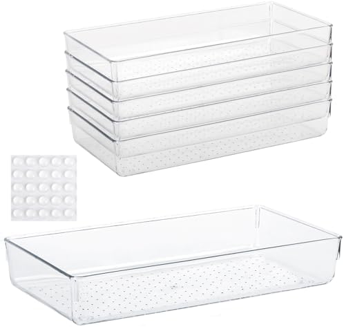 6Pcs Clear Plastic Drawer Organizers Tray 12" x 6.2" Storage Bins with 25Pcs Non-Slip Pads for Makeup, Jewelries, Kitchen Utensils, Bathroom and Office by Ohlove