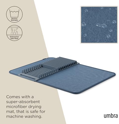 Umbra Udry Dish Drying Rack with Mat, Folds Flat for Storage, Slate Blue - Image 5