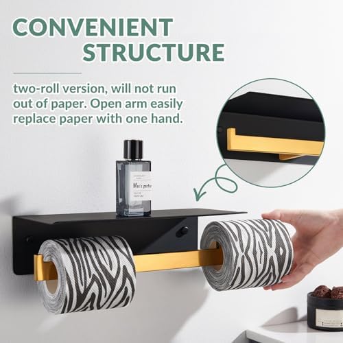 APLusee Double Toilet Paper Holder with Shelf, Black Gold, Wall Mounted - Image 7
