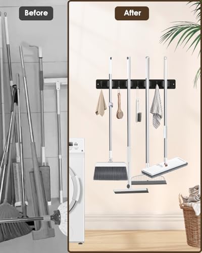 AceMining Black Broom Holder Wall Mount, 4 Holders 4 Hooks Mop Holder - Image 2