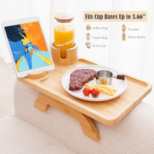 Nnewvante Couch Cup Holder Tray, 3 in 1 Bamboo Sofa Arm Clip-on Tray - Image 5