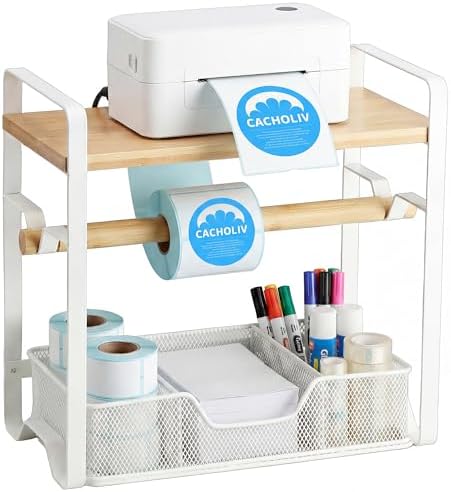 Label Holder for Thermal Printer - Sticker Roll Dispenser - Shipping Lable Holder for Rolls and FanFold Labels - Thermal Printer Stand for Home, Office, Small Business (Bamboo-White) by CACHOLIV