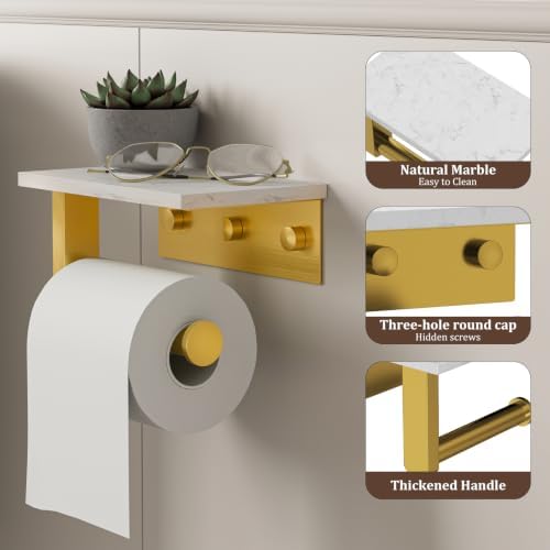 BWE Toilet Paper Holder with Marble Shelf, Toilet Paper Roll Holder Wall Mounted, Toilet Paper Roll Holder with Phone Shelf 304 Stainless Steel Tissue Holder for Bathroom Washroom (Gold) - Image 2