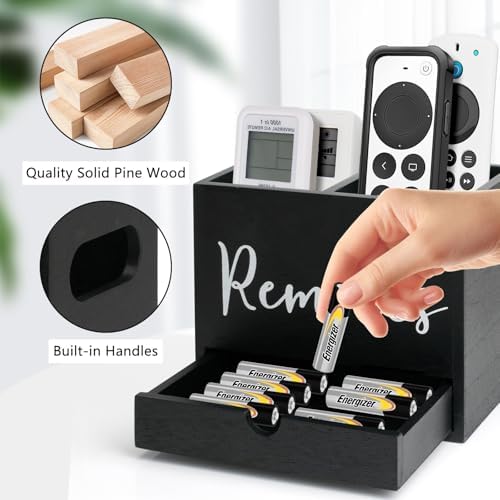 Remote Control Holder, 2 Slot TV Remote Holder& Desk Organizer with Drawers, Remote Organizer Caddy for Table, Wooden Remote Box for Nightstand,Media Storage Box for Living Room, Bed (Black) - Image 2