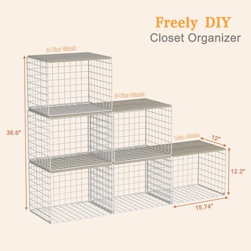 Extra-Long Closet Organizers and Storage with Top Board, 3 Pack Stackable Closet Shelf Organizer, Double Storage Design, Clothes Storage Cube/Bin/Basket for Wardrobe, Space-Saving, White,Sturdy,Metal - Image 3
