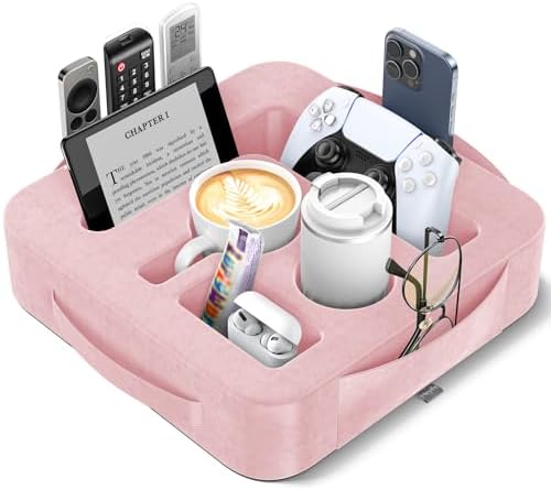 Couch Cup Holder Pillow, Sofa and Bed Caddy for iPad, Kindle, Switch, Game Controller, Remotes, Phones, Small-Sized Cup and Drink Holder for Couch, Bed, Desk, Car, Beach, Bathroom Cup Holder, Pink by Unknown