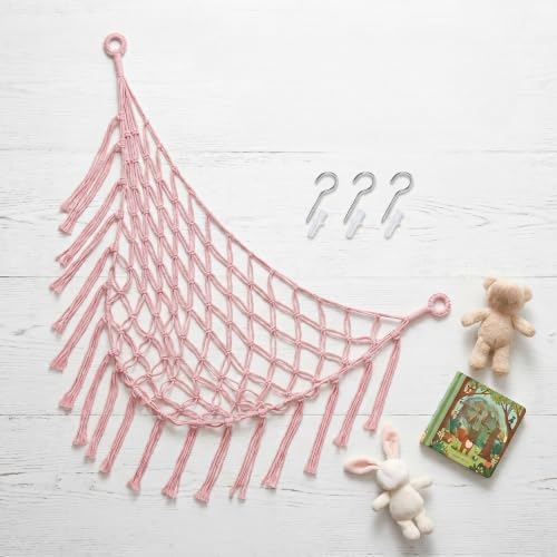 Stuffed Animal Storage Hammock Corner Net, Large Macrame Stuffed Animal Organizer Holder, Cotton Hanging Toy Hammock for Plush Toys, Boho Nursery Girls Bedroom Dorm Room Decor, Pink by Goufaju
