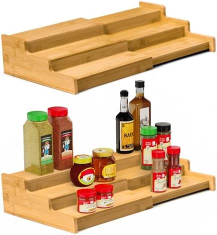 Spice Rack 3-Tier Natural Bamboo, Adjustable Cabinet Organizer Shelf by VenDotbi