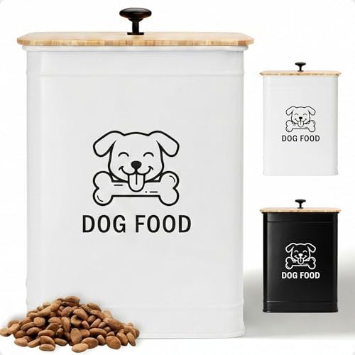 Metal Dog Food Container 5-7lb, 25 Cup w/ Airtight Bamboo Lid, Metal Handle by HBDesignCo