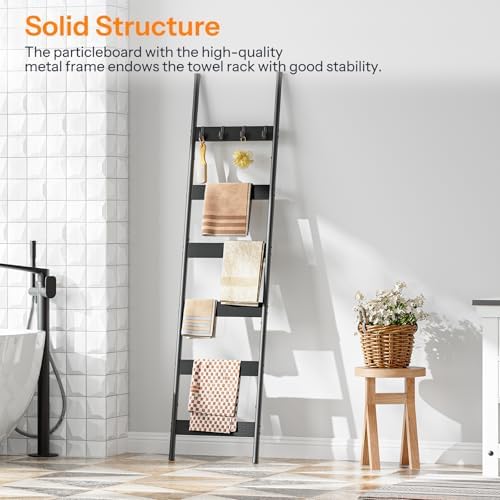HOOBRO Blanket Ladder, 6-Tier Towel Rack with Hooks, Wall-Leaning Blanket Rack, Decorative Display Ladder Shelf, Scarves, Industrial, Living Room, Bedroom, Black BB66CJ01 - Image 3