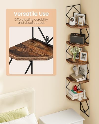 CHOEZON 5-Tier Corner Shelf, Floating Shelf, Wall-Mounted Storage Shelf, Wall Decor, Narrow Corner Bookshelf, for Living Room, Bedroom, Home Office, and Bathroom, Rustic Brown and Black TCJ35BF - Image 4