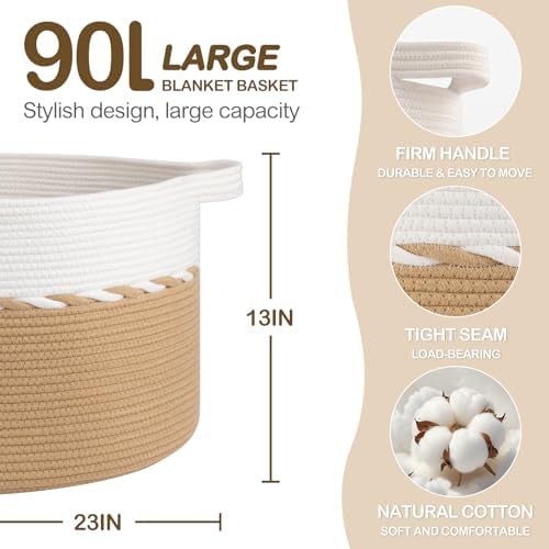 OIAHOMY 90L Extra Large Blanket Basket - Decorative Cotton Rope Storage Basket for Bedroom, Living Room & Nursery - Woven Laundry Hamper for Organizing Blankets, Clothes & Toys - Yellow & White - Image 2
