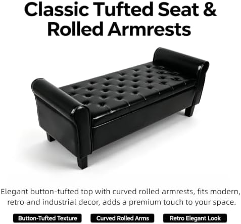 51 Inch Black Faux Leather Storage Ottoman Bench with Rolled Armrests - Image 3