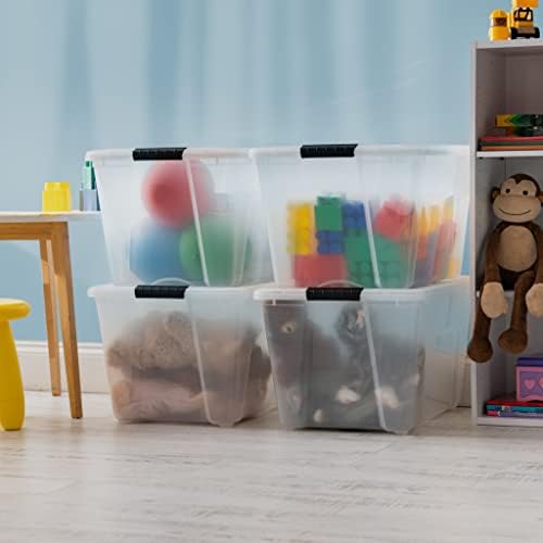 IRIS USA 54 Qt Stackable Plastic Storage Bins with Lids, 4 Pack - BPA-Free, Made in USA - See-Through Organizing Solution, Latches, Durable Nestable Containers, Secure Pull Handle - Clear - Image 4
