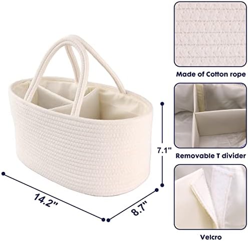 XUANGUO Cotton Rope Baby Diaper Caddy Organizer Basket with Handles White - Image 3