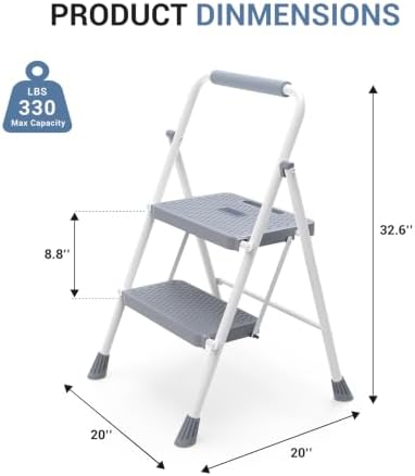 DUMOS 2 Step Ladder, Sturdy Step Stool with Anti-Slip Pedal & Comfortable Handrail, Portable Heavy Duty Stool for Kitchen, Garage & Outdoor, 330lbs, Grey - Image 2