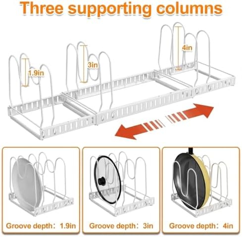 Pot and Pan Organizer Rack for Cabinet, 3 Expandable Pot Lid Organizer Holder with 12 Adjustable Compartment for Kitchen Cutting Board, Pan Lid, Bakeware, White - Image 5