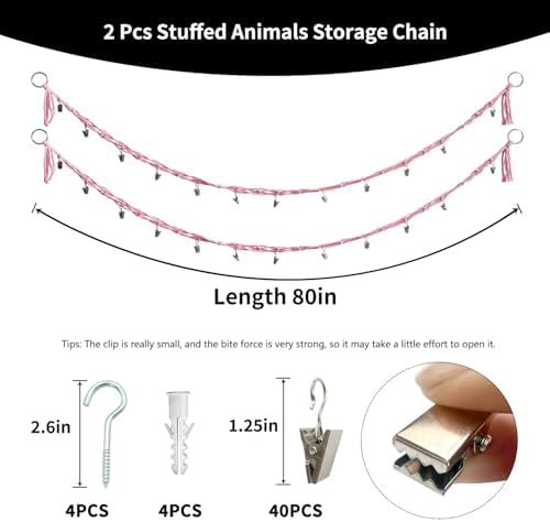 2 Pcs 80” Cotton Hanging Storage Chains for Stuffed Animal Storage, Each Boho Display Chain Comes with 20 Metal Clips, Nursery Hanging Storage Organizer for Wall or Corner Nursery playroom - Image 2