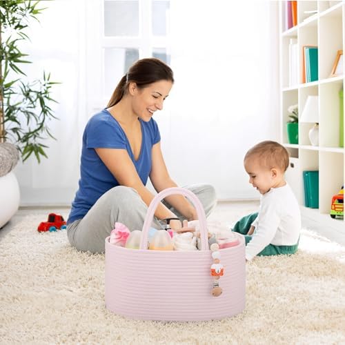 COMSE Baby Diaper Caddy Organizer for Girls, Cotton Rope, Light pink - Image 3