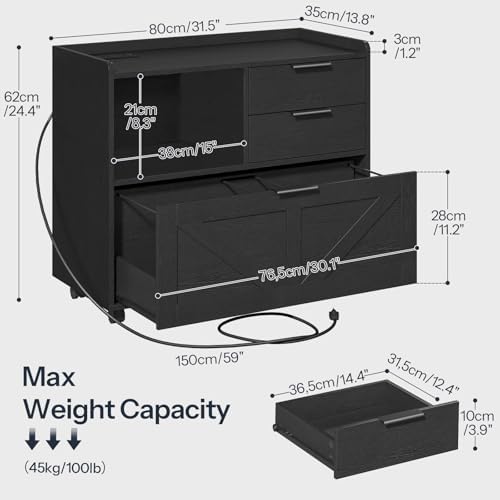 HOOBRO Lateral File Cabinet, Wooden Office Storage Drawers with Charging Station, Filing Cabinet for Home Office, A4/Letter/Legal-Sized Files, Printer Stand with Open Storage Spaces, Black BB37UWJ01 - Image 3