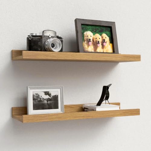 Boswillon Floating Shelves Set of 2, Small Wall Shelf with Lip, 16in, Oak by Boswillon