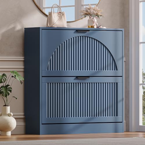 Fluted Shoe Storage Cabinet for Entryway, 2 Flip Drawers, Blue by BOXACTION