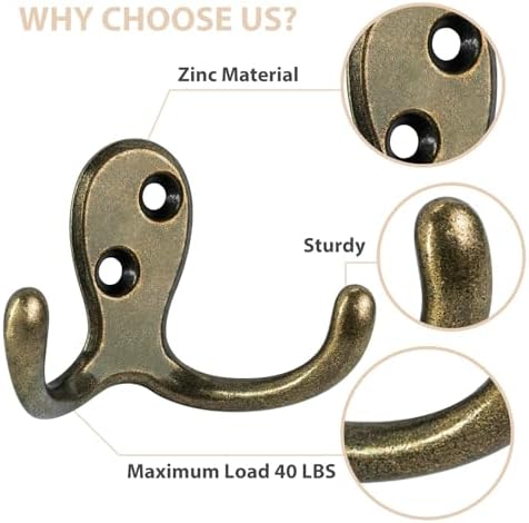 Homanu 10 Pack Antique Brass Double Prong Coat Hooks with 20 Screws - Image 4