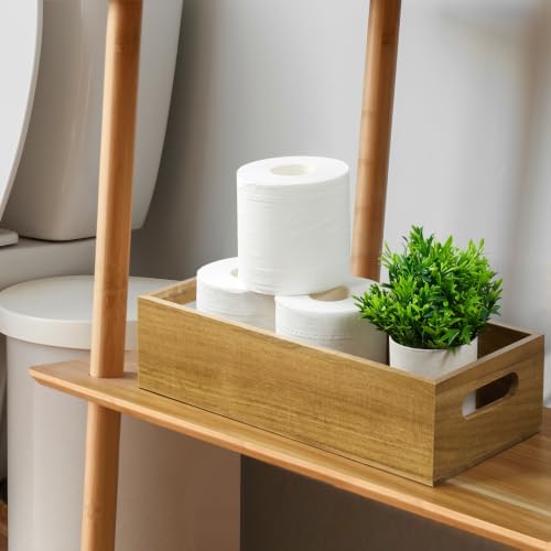 ALELION 15 Inch Acacia Wood Bathroom Storage Basket with Handles, Toilet Paper Basket for Back of Toilet Tank Top, Wooden Organizer Tray for Bathroom Countertop, Vanity, Kitchen, Pantry, Laundry Room - Image 3