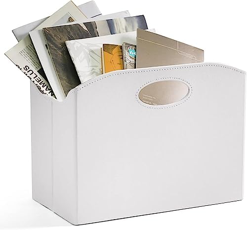 EZDeco Magazine Holder Foldable Magazine Rack Floor PU Leather File Holder Newspaper Book Storage Magazine Basket Document File Folder Organizer for Office Home (White-2) - Image 5
