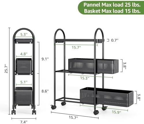 KINGRACK 3 Tier Slim Rolling Cart with Drawer, Metal Utility Storage Cart - Image 6