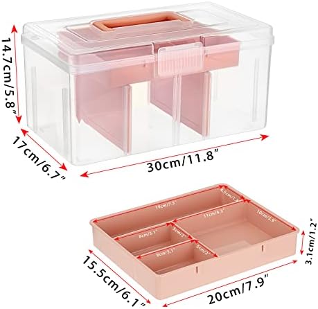 BTSKY 2 Layer Clear Plastic Dividing Storage Box with Removable Tray Multipurpose Stationery Storage Box with Handle Portable Sewing Boxes Art Craft Supply Organizer Home Utility Box(Big Pink) - Image 4