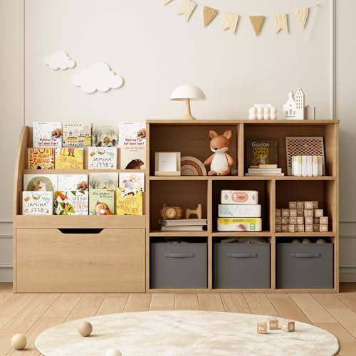 Fatmok Kids Bookshelf and Toy Storage, Toy Storage Organizers with Movable Drawers & 3 Storage Bins, Kids Reading Nook Toy Organizers Shelf with 5 Cubbies, Natral Wood by Fatmok
