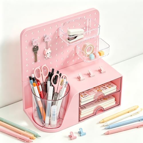 Desk Organizer with 360° Rotating Pen Holder, 5 Slots, 2 Drawers & Pegboard for Office School Art Supplies (Pink) - Image 5