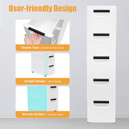 5 Tier Plastic Drawers Narrow Dresser Storage Cabinet, Mobile Stackable Clothes Storage Tower, Suitable for Home, Office, Bedroom Storage Cabinet, 7.87 * 15.75 * 33.07in (White) - Image 6