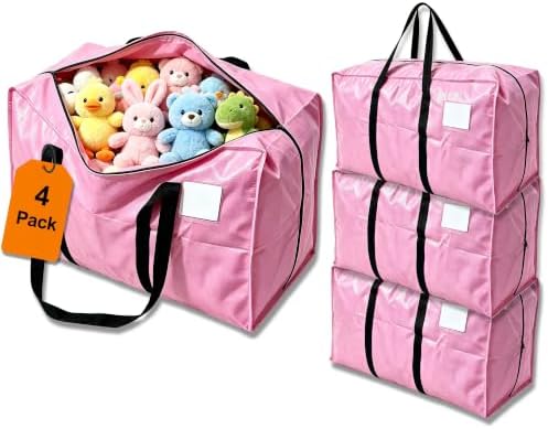 24 GAL Heavy Duty Moving Bags Pink 4 Pack - Backpack Straps & Handles, Large Zipper Storage Bags for Clothes, Water-Resistant College Dorm & Moving Essentials by JVLJVL