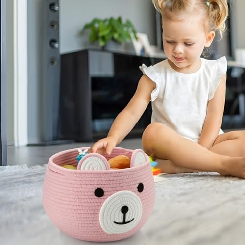 PandaEar Cotton Rope Baby Basket, Baby Gift Basket Nursery Laundry Organizer with Cute Bear Design for Storage Infant Newborn Essentials, Diaper Caddy with Handle (Pink) - Image 3