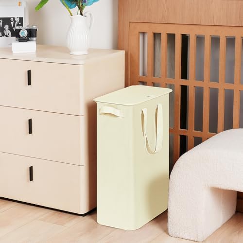 efluky Slim Laundry Basket with Lid, Narrow Laundry Hamper with Handles, Collapsible Dirty Clothes Hamper, Tall Laundry Bin for Laundry Room, Dorm and Bedroom, 55L Beige - Image 6