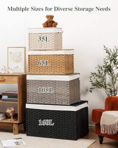 SETVSON Storage Basket with Lid 105L PE Rattan Storage Bin Light Khaki - Image 4