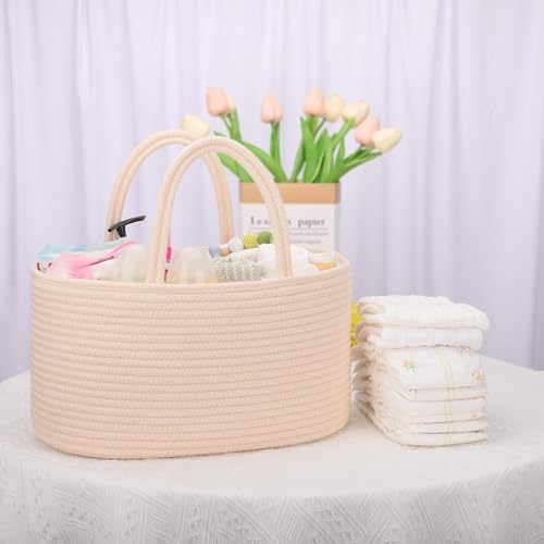 COMSE Large Cotton Rope Baby Diaper Caddy Organizer with Handles, Beige - Image 7