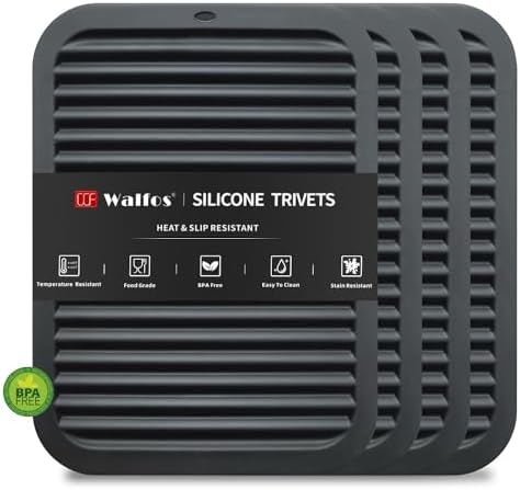 Walfos Silicone Trivets for Hot Pots and Pans - 446°F Heat Resistant Hot Pads for Kitchen Counter- 4 Pcs Multi-Purpose & Versatile Trivet Mat - Long-Lasting & Flexible Silicone Hot Pad（Black） by Walfos