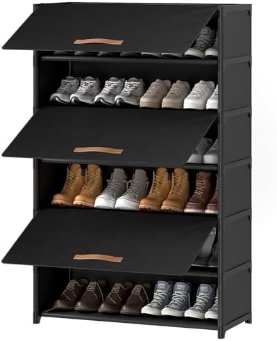 7 Tier Shoe Cabinet with Door, 28-Pair Storage, Black by UNITSTAGE