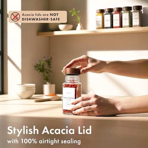 EDELHAUS Glass Spice Jars with Label, 24x Acacia Wooden Lids - White Labels - Image 5