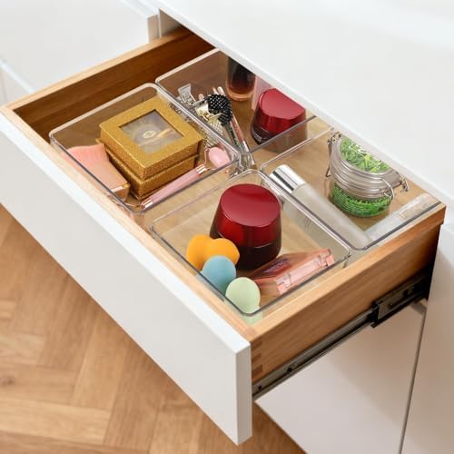 6 Pcs Large Clear Plastic Drawer Organizers Tray 6" x 6" Storage Bins with 25 Pcs Non-Slip Pads for Makeup, Jewelries, Kitchen Utensils, Bathroom and Office - Image 2