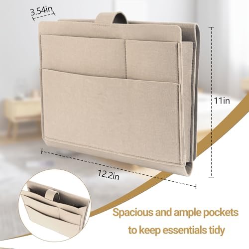 Seefoo Bedside Caddy, Large Bed Caddy Organizer with Cord Slit, Beige - Image 3