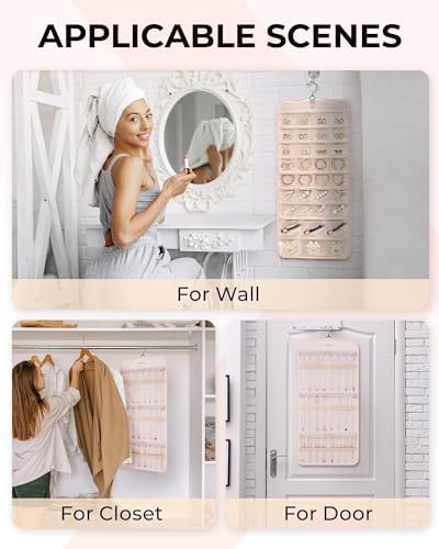 BAGSMART Hanging Jewelry Organizer Storage with Hanger Metal Hooks Double-Sided Jewelry Holder for Earrings, Necklaces, Rings on Closet, Wall, Door, 1 piece Large Pink - Image 5