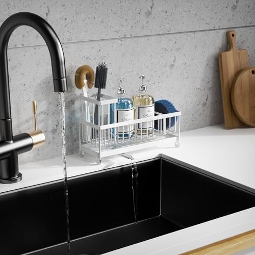 Moforoco Extra Large Kitchen Sink Caddy, Rustproof Sponge Holder for Kitchen with High Brush Holder, Stainless Steel White Kitchen Caddy Countertop Organizer, Sponge Caddy for Kitchen - Image 5