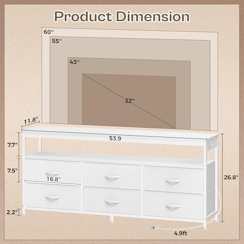 Huuger LED TV Stand for Bedroom, 55 Inch Fabric Dresser with Power Outlets, Entertainment Center for 60, 55, 50 Inch TV, 6 Drawer Dresser for Bedroom, Chest of Drawers with Shlef, PU Leather, White - Image 2