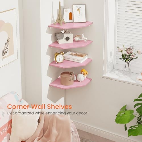 Homode Corner Shelf Wall Mount, Set of 4 Corner Floating Shelves, Wood Hanging Storage Shelving with Cord Hole, Wall Shelf Organizer for Bathroom Bedroom Living Room Office, Pink - Image 6